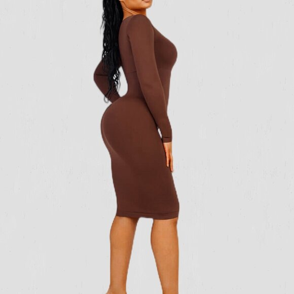 Magic Sculpt Built-In Shapewear Dress, Long Sleeve Chocolate - Picture 3 of 8